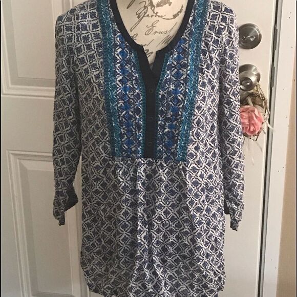 Lucky Brand Boho Blue Print Top Women XS - Picture 3 of 10